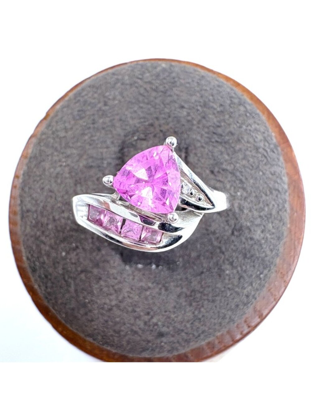 10K White Gold Lab Created Pink Sapphire Ring Trilliant Cut Size 4.75